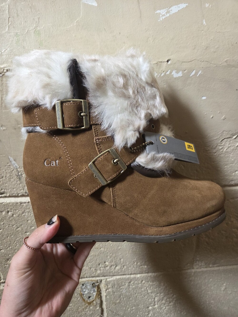 Faux-Fur Trim Suede Wedge Bootie in Brown, Size 9, Brand New